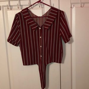 Short Sleeve Striped Knot Hem Crop Blouse